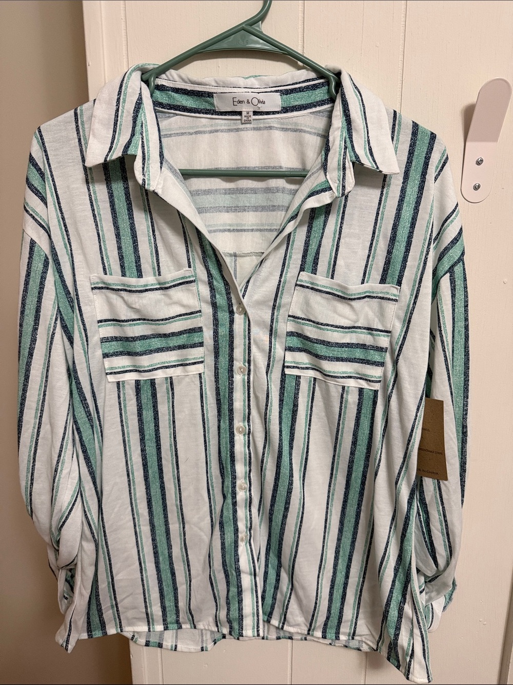 Eden & Olivia White Button-Down Shirt with Green & Navy Stripes